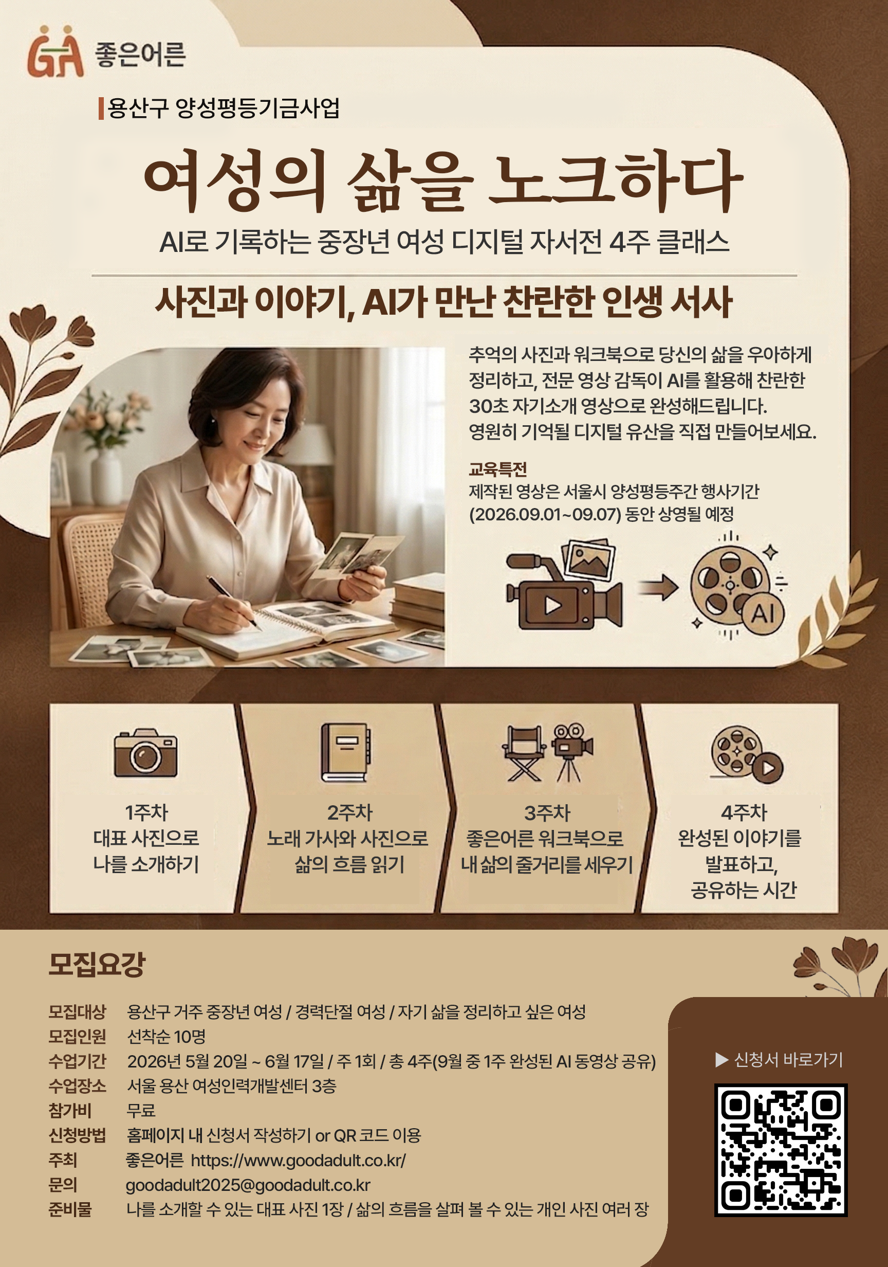 좋은어른/ 용산구 양성평등기금사업/ 여성의 삶을 노크하다/AI로 기록하는 중장년 여성 디지털 자서전 4주 클래스